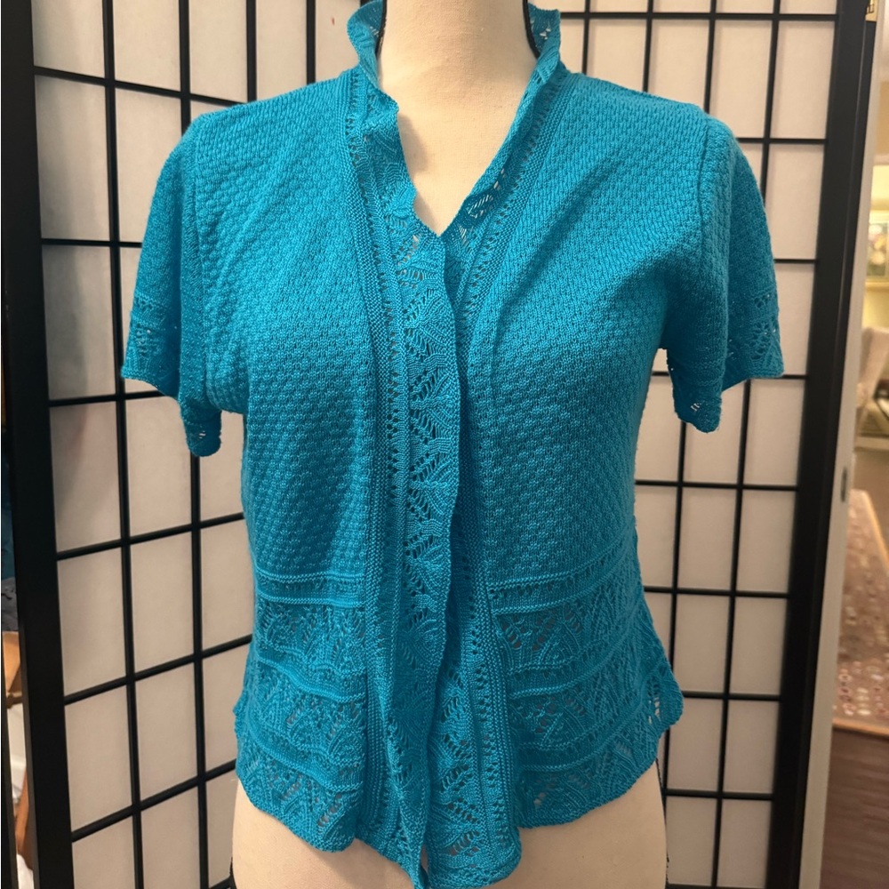 Isola Turquoise Lace-Trimmed shrug/sweater